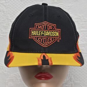 90s Vintage Harley Davidson Yellow Orange Flame Canvas Snapback Hat Biker Casual